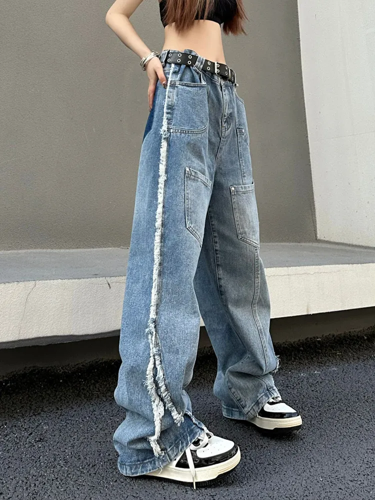 

2023 Korean Y2K Multi Pockets Washed Blue Baggy Stacked Cargo Jeans Pants For Women Clothes Old Lady Denim Trousers Ropa Mujer