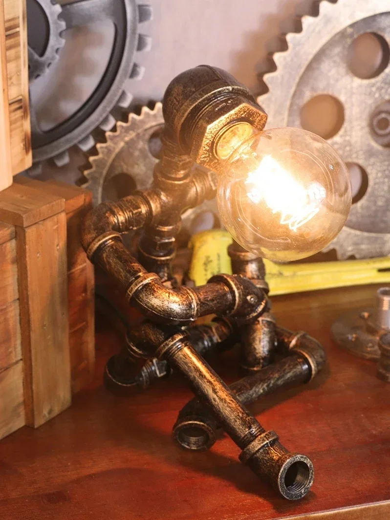 Retro industrial style decoration creative water pipe robot atmosphere table lamp ornament