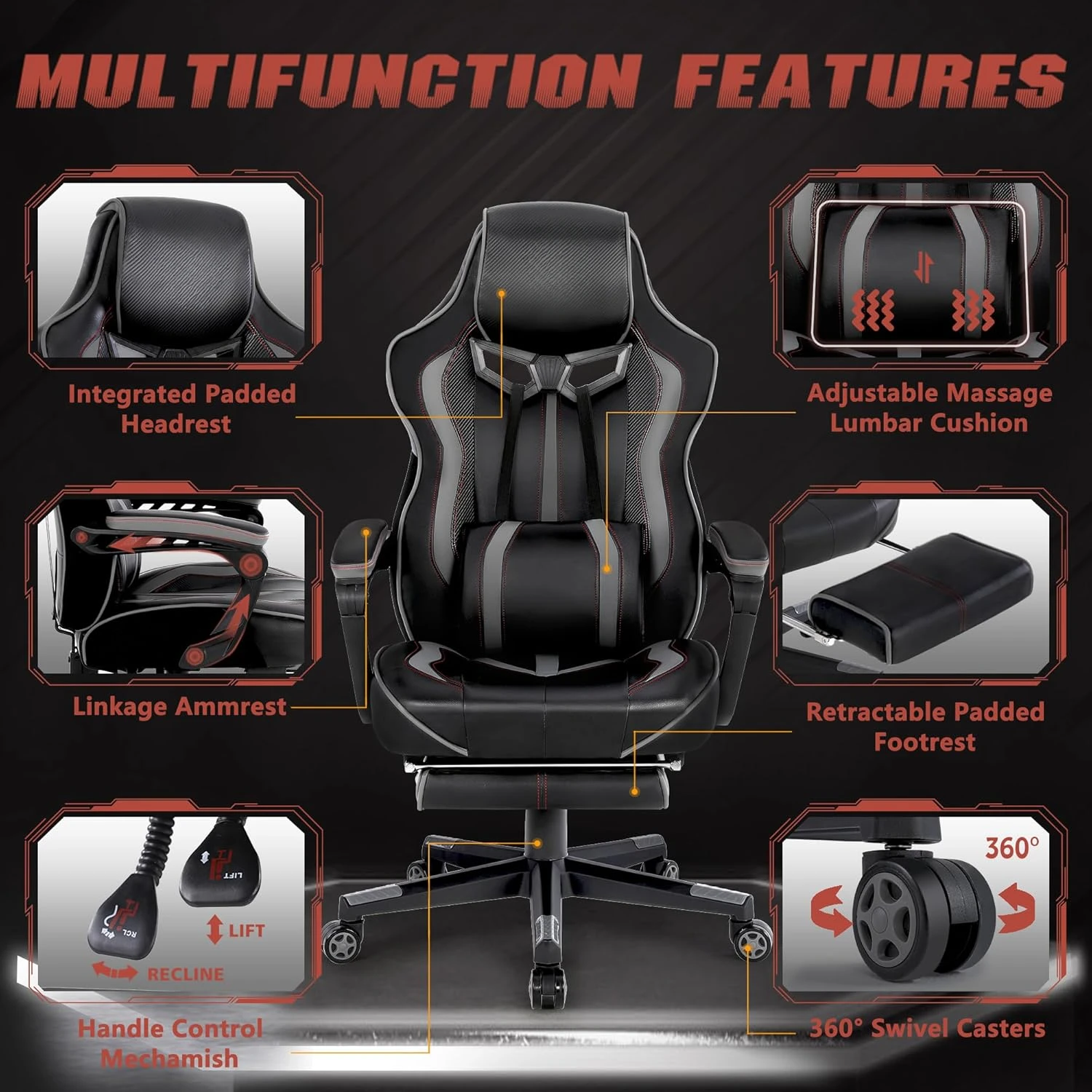 Computer gaming chair with foot pedals - Ergonomic gaming chair - Racing chair with lumbar pillow (gray/black)