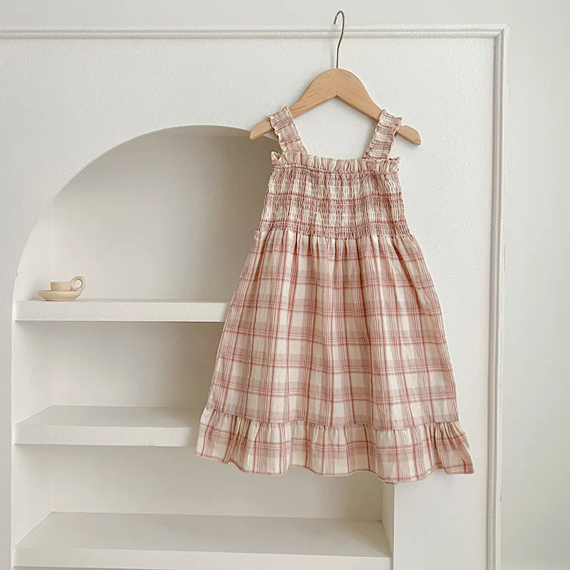 2026 Summer New Girls' Gentle Style Pleated Shoulder Strap Mid Length Cotton Dress 2