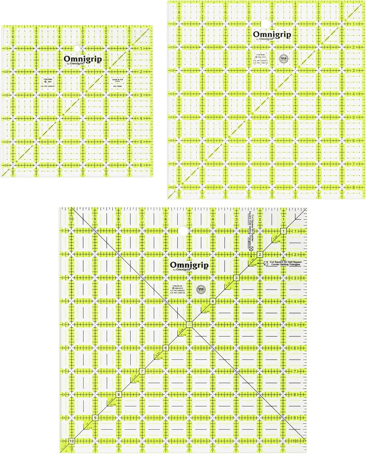 

6.5in 8.5in 10.5in Omnigrip Square Ruler Combo Pack with 6" by 6" Stitched in Yarn, Clear Design
