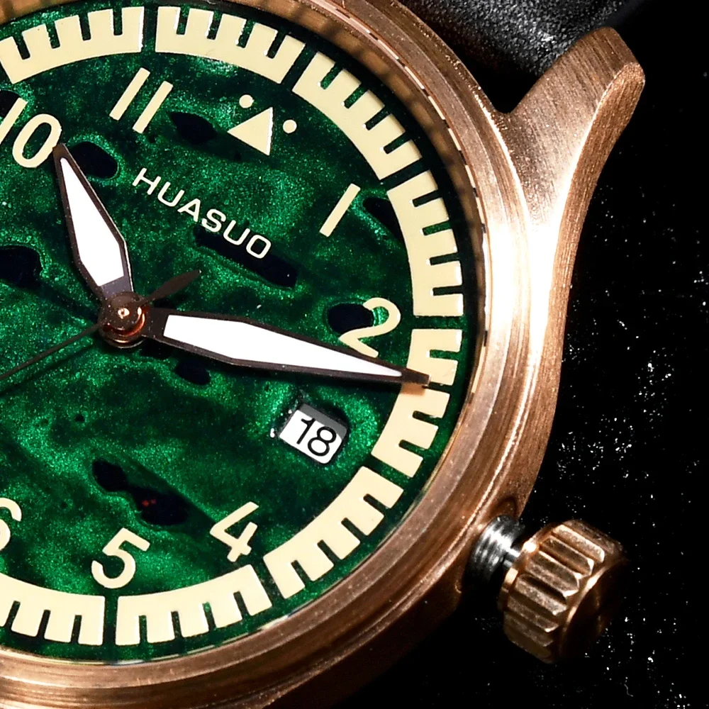 

HUASUO 38 мм Роскошные бронзовые лакированные мужские спортивные часы-пилот с сапфировым стеклом, автоматический механический механизм, 10 бар, водонепроницаемые