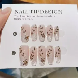 10pcs Cat Eye Coffin Handmade Press on Nails Butterfly Pearl Diamond False Nails Gentle Glitter Full Cover Acrylic Fake Nail Tip