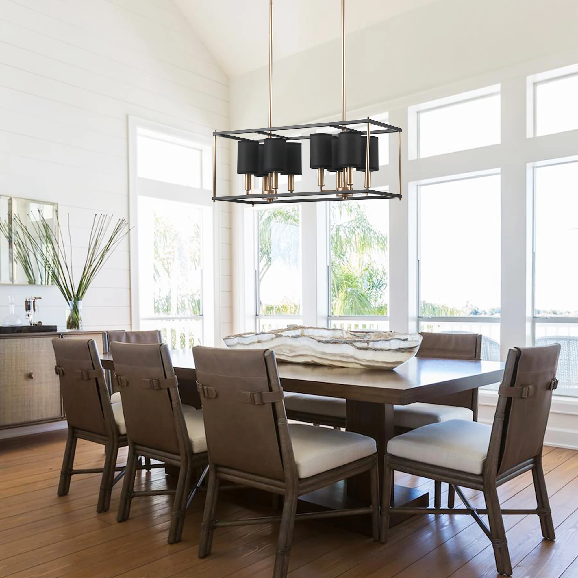 Farmhouse Chandeliers for Dining Room Gold Liner Chandelier with Fabric Shades Rectangles Lighting Over Kitchen Table