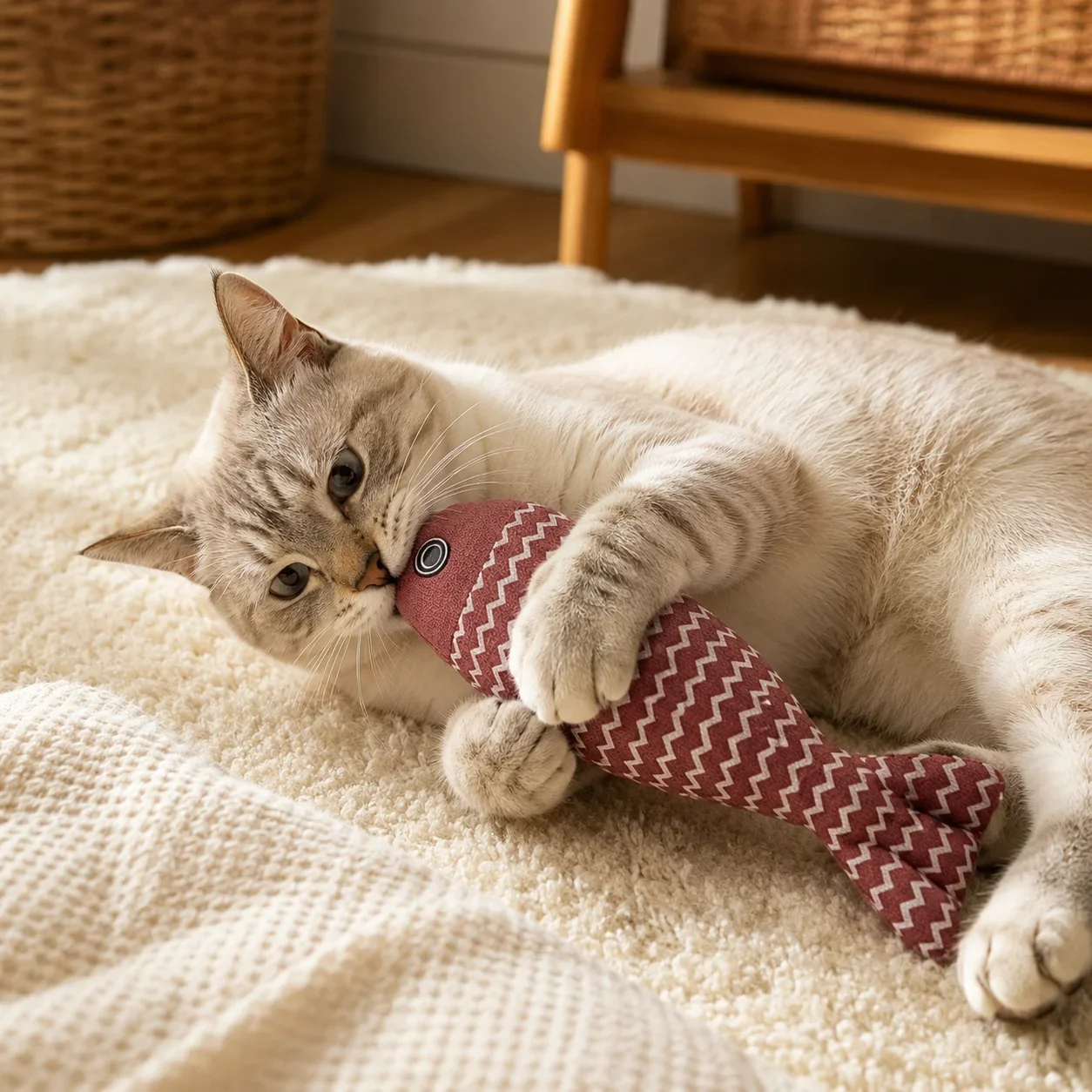 Indoor Cat Self Play Toy Linen Catnip Simulation Fish Bite Resistant Teaser Toy To Reduce Cat Anxiety Boredom