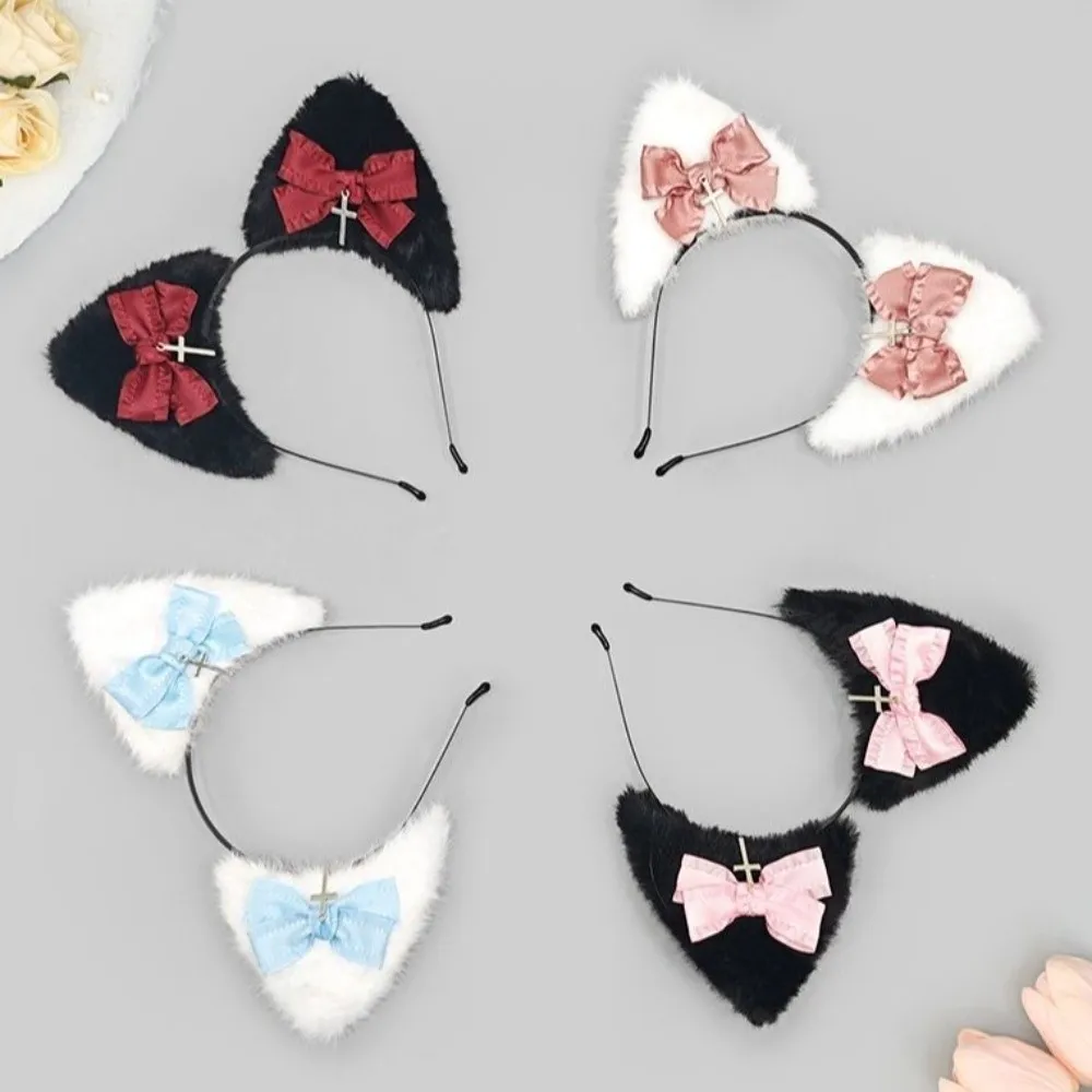 New Cross Cat Ear Headband Bowknot Handmade Lolita Headwear Furry Hair Band Headwear