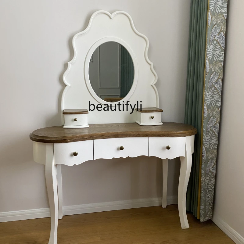 American Pastoral Solid Wood Antique Dressing Table French Post-Modern Milky White Creative Distressed Makeup Table