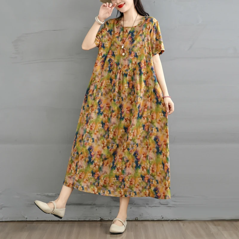 

Summer New Vintage Bamboo Fiber round Neck Short Sleeve A-Line Dress Women Loose Slimming Long Dress Artistic Style Citywalk