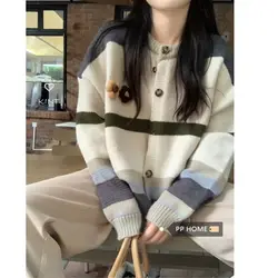 Korean Style Personalized Contrasting Striped Sweater Women Autumn Winter 2024 New Retro Lazy Style Top Knitted Cardigan Jacket