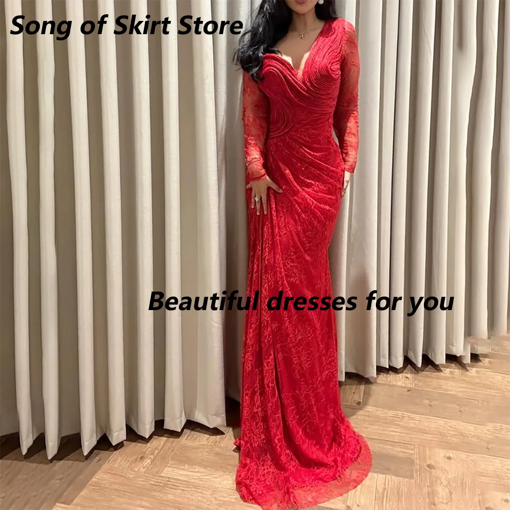 

Красное кружевное вечернее платье с открытыми плечами Русалка Длинные платья для выпускного вечера с v-образным вырезом и длинными рукавами Арабский Дубай Вечерние платья по индивидуальному заказу