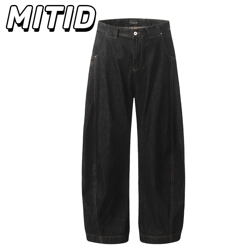 

High Street Black Curved Jeans For Men and Women Full Length Mid-waist Straight Wide Leg Pants Cotton Denim Trousers Men