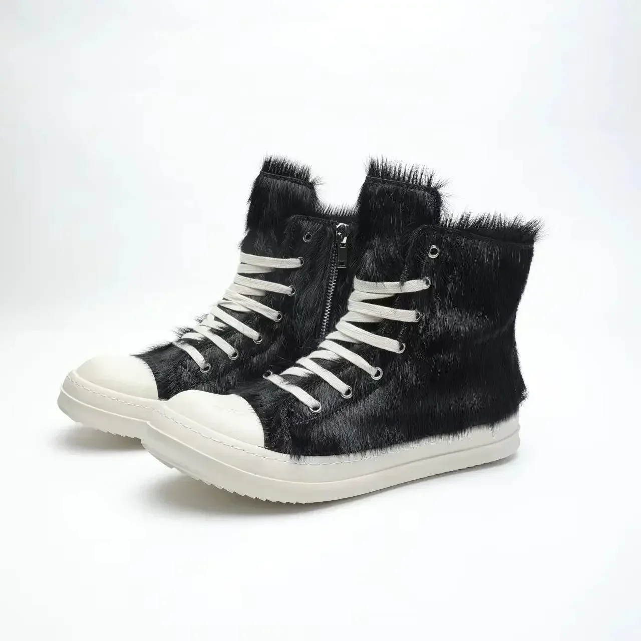 Rick Designer Trend Men's and Women's Leather Horse Hair High-top Shoes Lovers Fashion Casual Shoes Fashion  Female Shoes