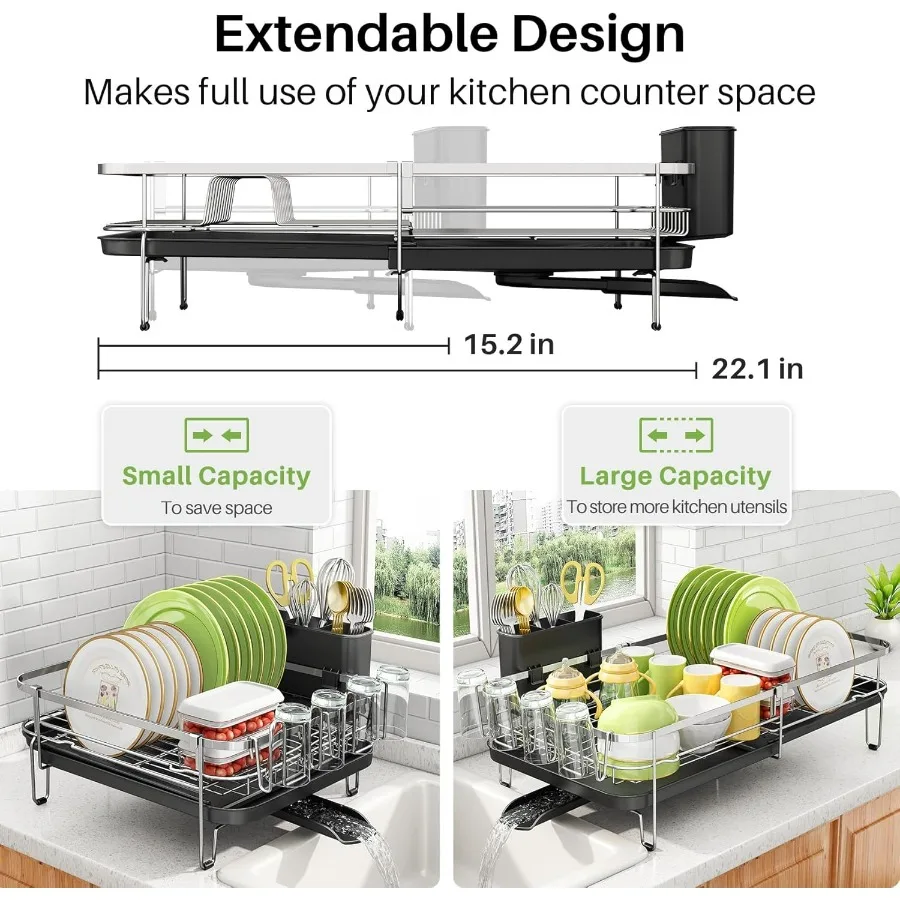 رف تجفيف الأطباق، رف أطباق قابل للتوسيع لطاولة المطبخ، مصفاة أطباق من الفولاذ المقاوم للصدأ مع أواني وحامل أكواب 13.8 بوصة - 22.6 بوصة لتر