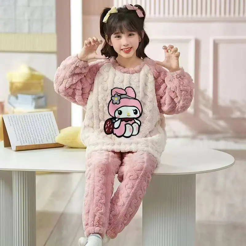 

Kawaii Children Coral Fleece Pajamas Kuromi Melody Girls' Pajamas New Winter Fashion Thicken Warm Flannel Cute Homewear Nighty