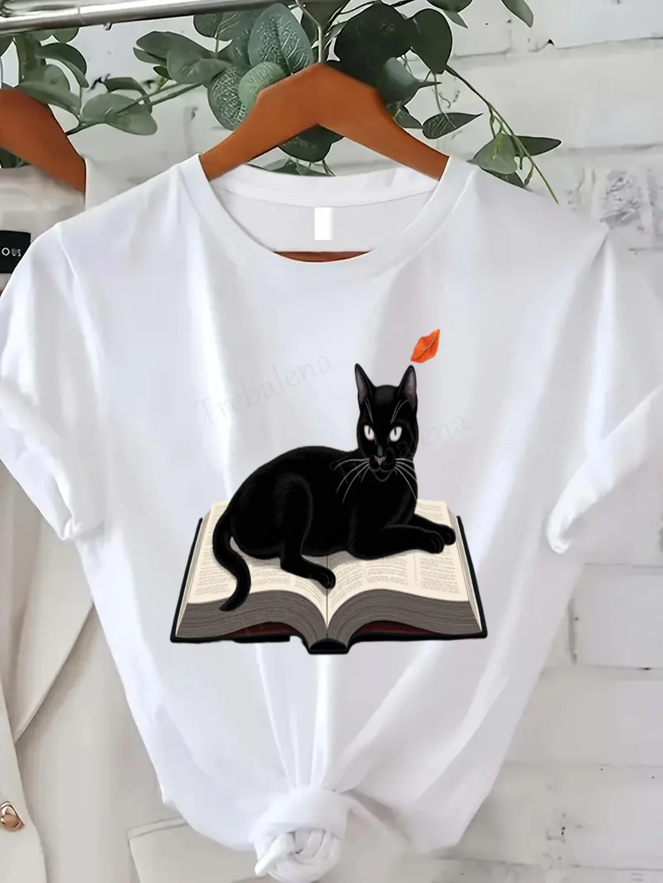 جولة الرقبة تي شيرت أسود القط قراءة كتاب تي شيرت المرأة زائد حجم لطيف الحيوان طباعة أعلى قصيرة الأكمام المحملة أزياء عارضة أعلى