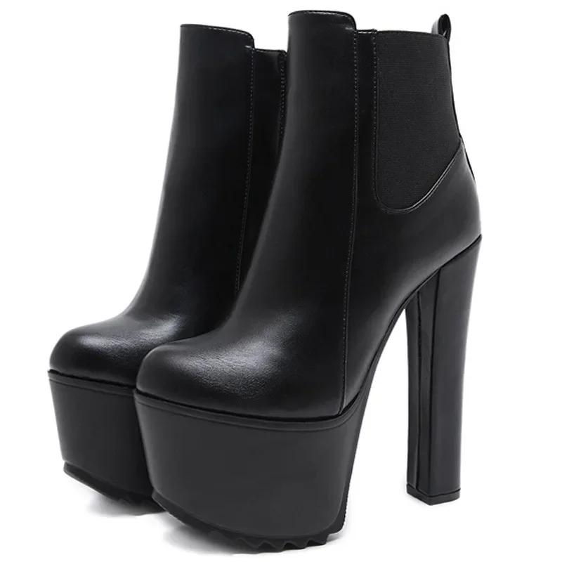 16CM grube buty na wysokim obcasie platforma damska gumką boczny zamek błyskawiczny Chelsea Boots czarne botki Zapatos Para Mujeres