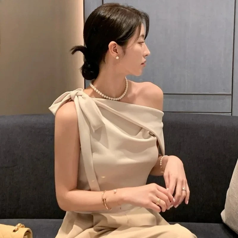 Women's Off-Shoulder Blouse with Bow Detail Elegant Draped Silky Top Pearl Accent Luxury Look Special