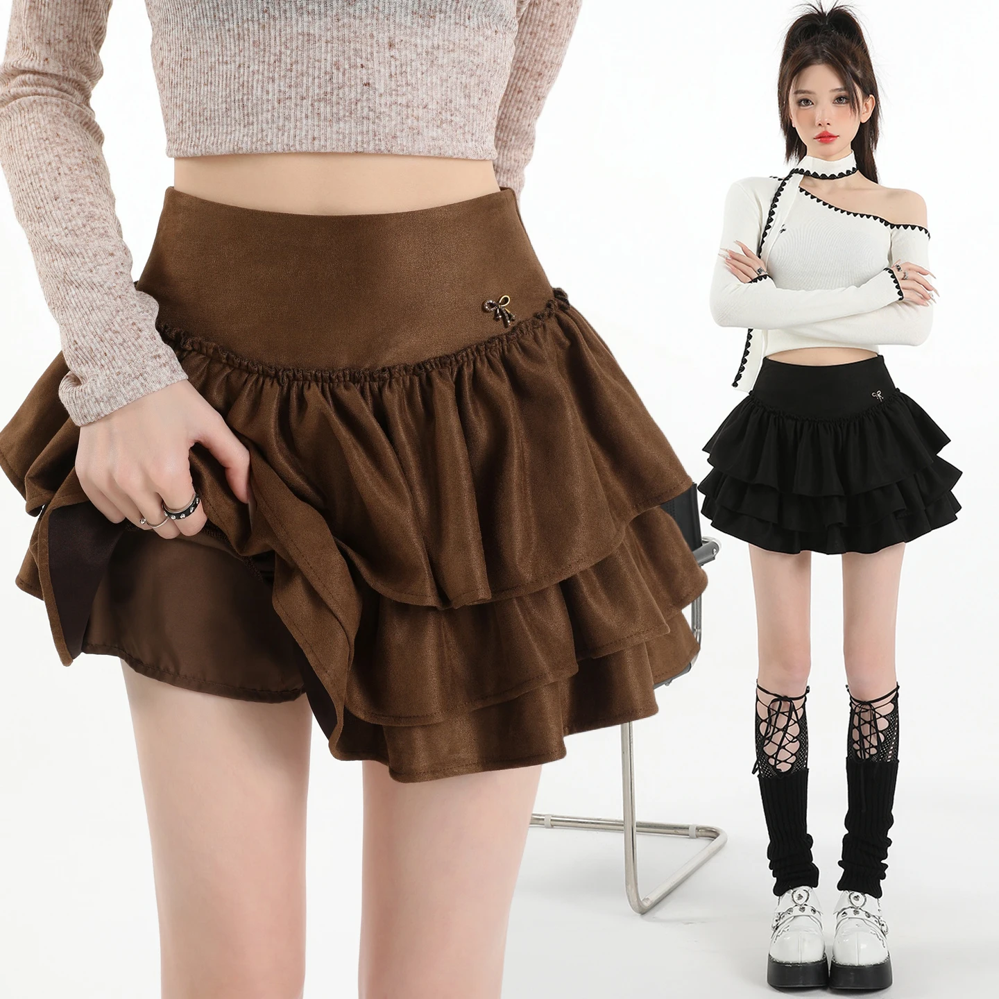 Autumn Winter A-Line Suede Skirt Pants High Waist Commute Friendly Polyester Fiber Embroidered Cake Skirt Short Length