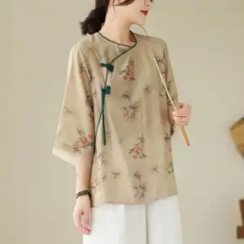 Women's Green Cheongsam Style Blouse With Floral Print And Frog Buttons For Elegant Casual Daily Wear