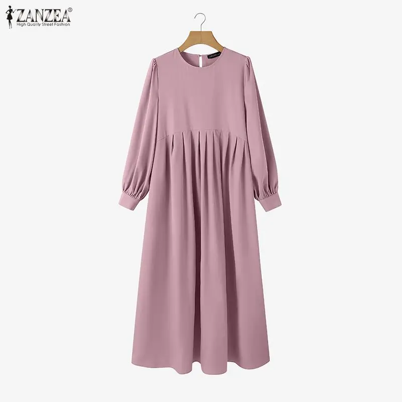 ZANZEA Eleganckie, luźne, plisowane długie sukienki damskie, moda muzułmańska, hidżaby, dekolt okrągły, długi rękaw, abaje, szaty, odzież islamska na Ramadan