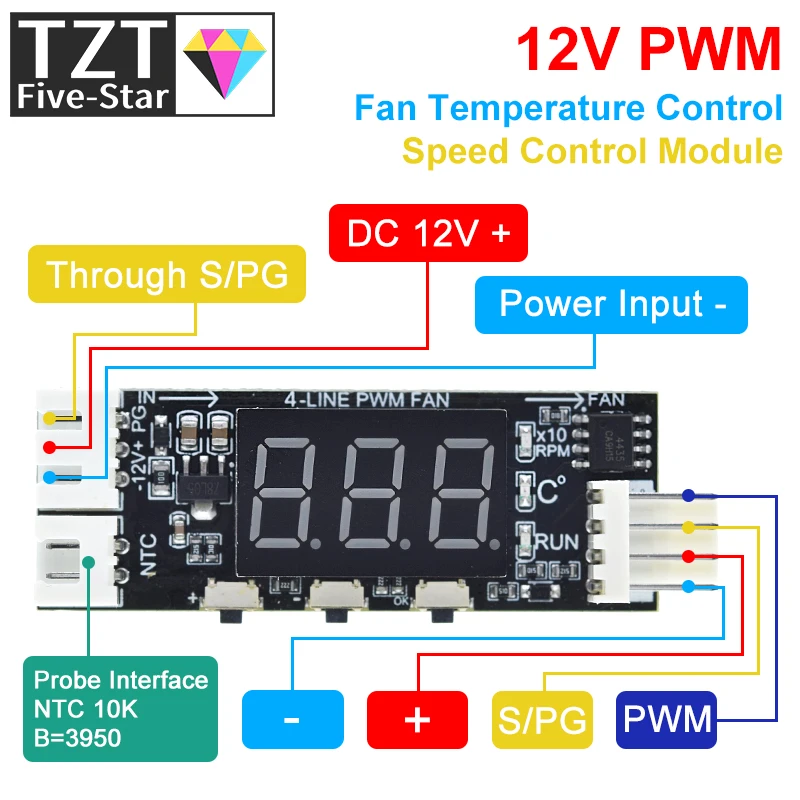 TZT DC12V 4-Wire Min Temperature Controller Speed Governor Fan Speed Motor Controller Digital Display Module Power Supply