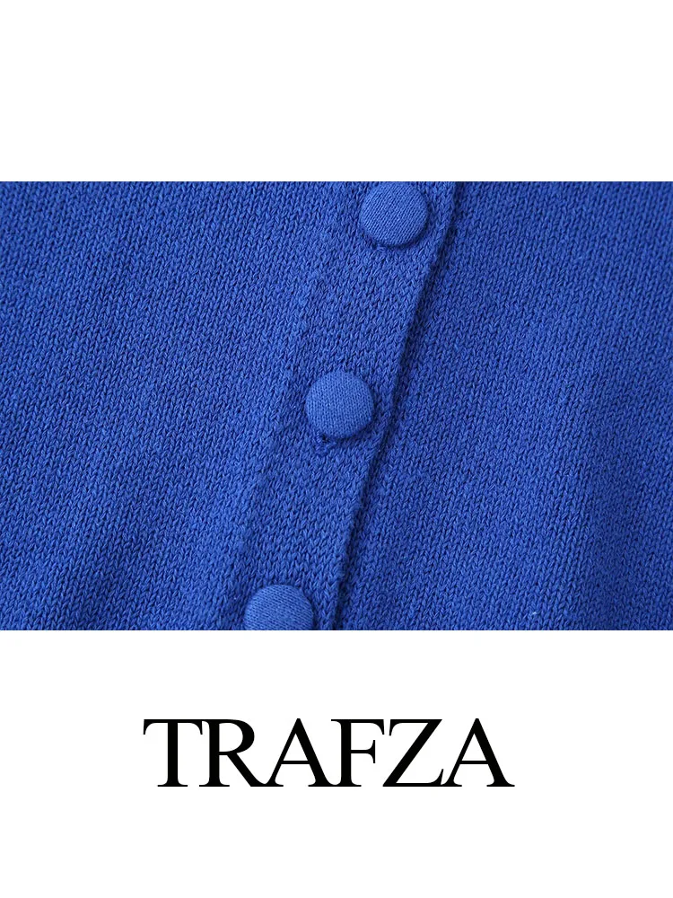 TRAFZA Women Fashion Knitted Tops Dark Blue O-Neck Short Sleeves Single Breasted Female Summer Casual Cardigan Coats Traf