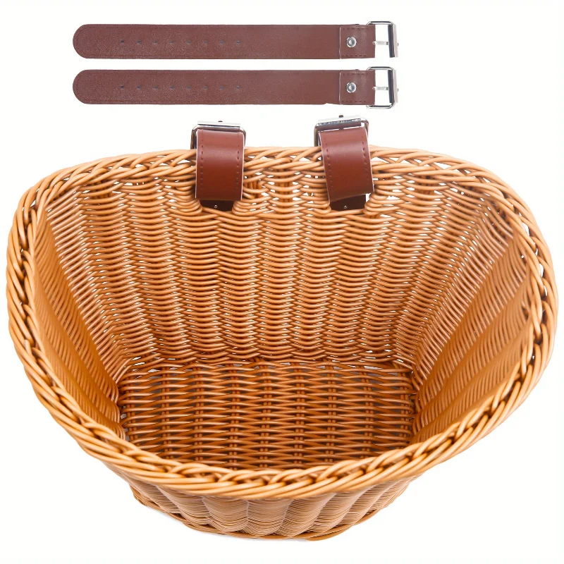 Bike Basket Rattan Wicker Bicycle Storage Front Handlebar Basket Hand-Woven Sticker Bicycle Pouch Riding Storage Durable Basket