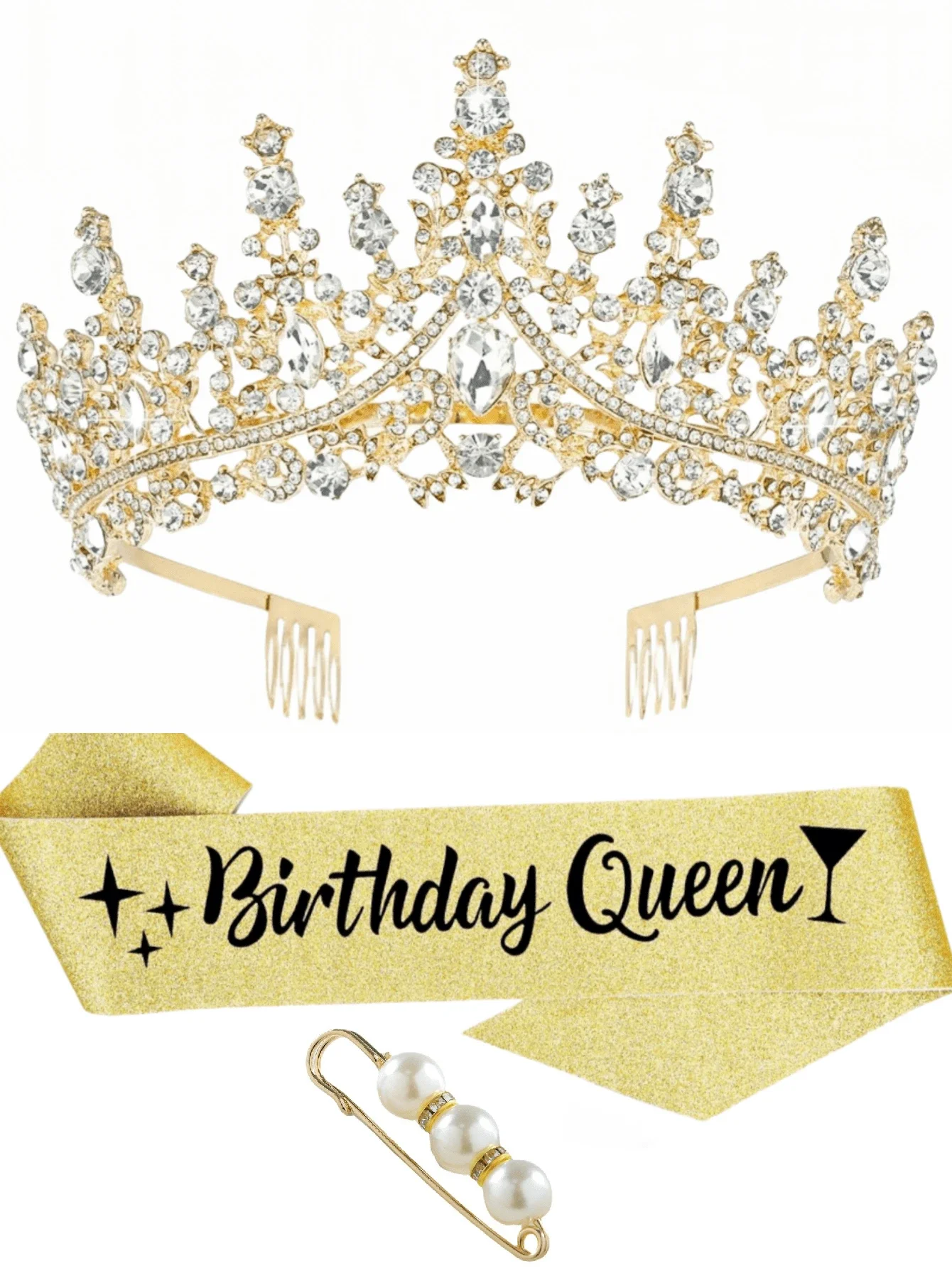 Banda y Corona de Cumpleaños Doradas para Mujer, Tiara de Cristal para Princesa, para Adultas