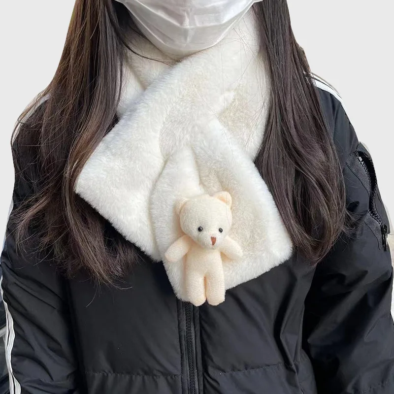 Cute Cartoon Bear Plush Scarf Women Student Winter Korean Style Faux Fur Warm Thickened Cross Scarves Autumn Girl Scarf New Gift