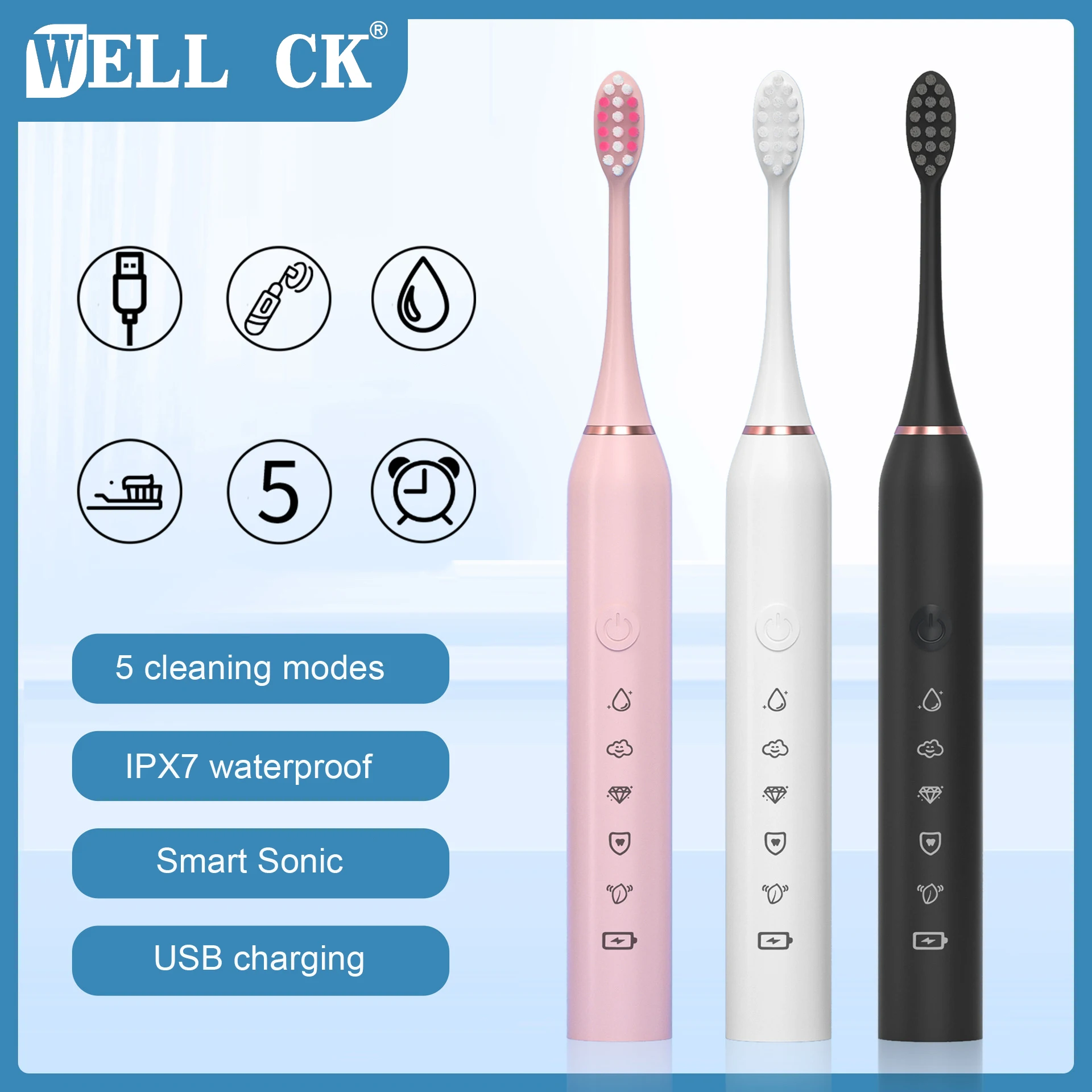 Sikat Gigi Listrik WDD-A76 Sikat Gigi Sonik Isi Ulang IPX7 Tahan Air 5 Mode Sikat Gigi Perjalanan dengan 5 Kepala Sikat Hadiah Terbaik
