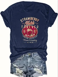 Harajuku Strawberry Fields Forever Letter Print Women T Shirt Short Sleeve Crew Neck Summer Casual Top for Women Clothes Shirts
