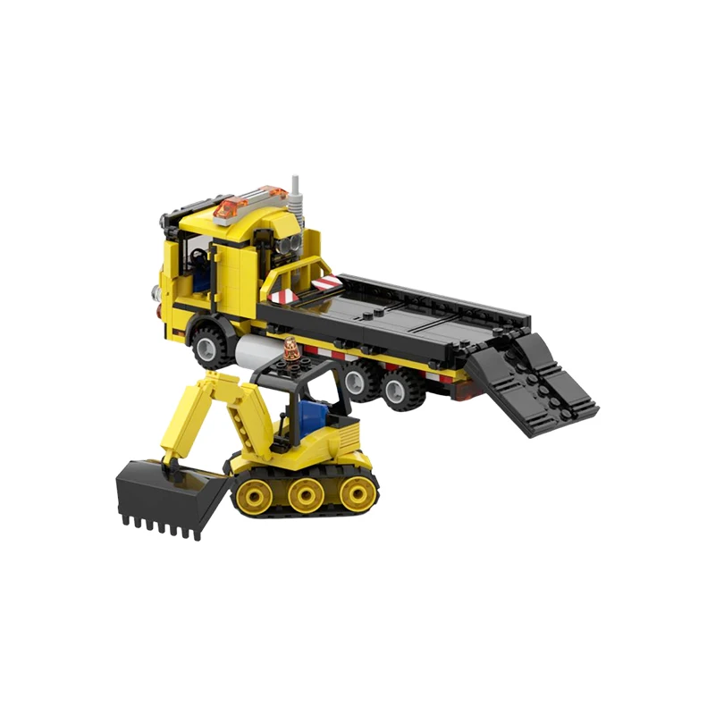 MOC Heavy Duty Truck Flatbed Trailer Building Blocks Mini Excavator Transport Cargo Vehicle Model Construction Toy Adult Gift