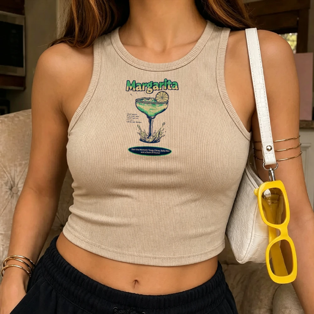 Vintage Margarita Cocktail Glass Splash Pattern Camisole Ribbed Tank Top Crop Y2K Top Ladies Sleeveless Cropped Slim Crop Tees