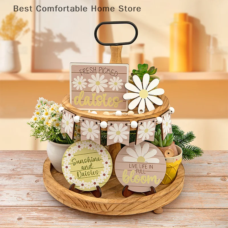 

Farm Daisy Element Tiered Tray Decor Wooden Sign Ornament Table Decor Rustic Farmhouse Spring Decorations(No Tray Included)