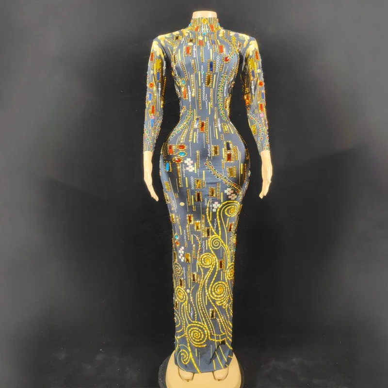 다채로운 스팽글 라인 석 드레스 여성 생일 축하 의상 무대 쇼 저녁 댄스 파티 드레스 축제 복장 XS6233