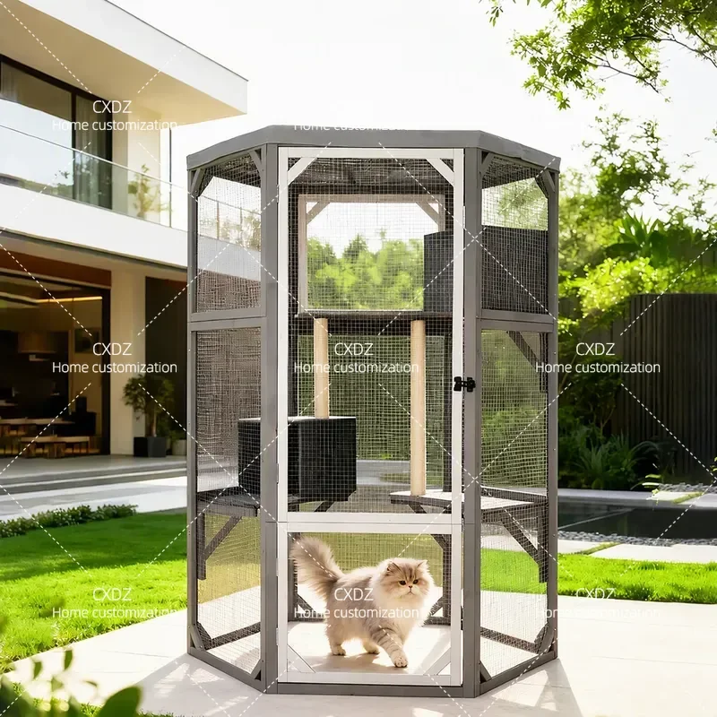 Outdoor Hexagonal Cat Cage Villa Breathable Nest House with Springboard Escape Room Sun Shelter for Courtyard Garden Pets