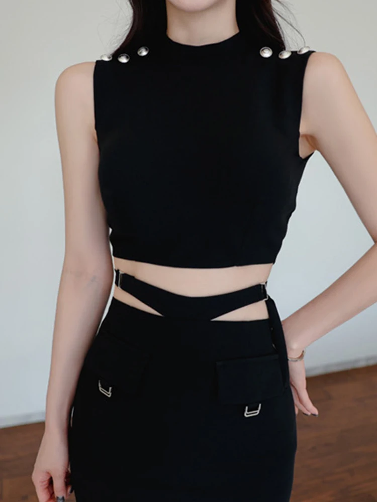 Moda verão preto 2 peças roupas femininas elegante recortado curto topos camisa blusa e cintura alta midi saia mujer conjunto