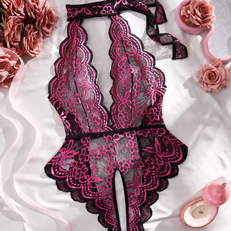 

Backless Temptation Transparent Women Open Crotch Pajamas Exotic Deep V Hollow Bodysuit Crotchless Sexy Lingerie Erotic Costumes