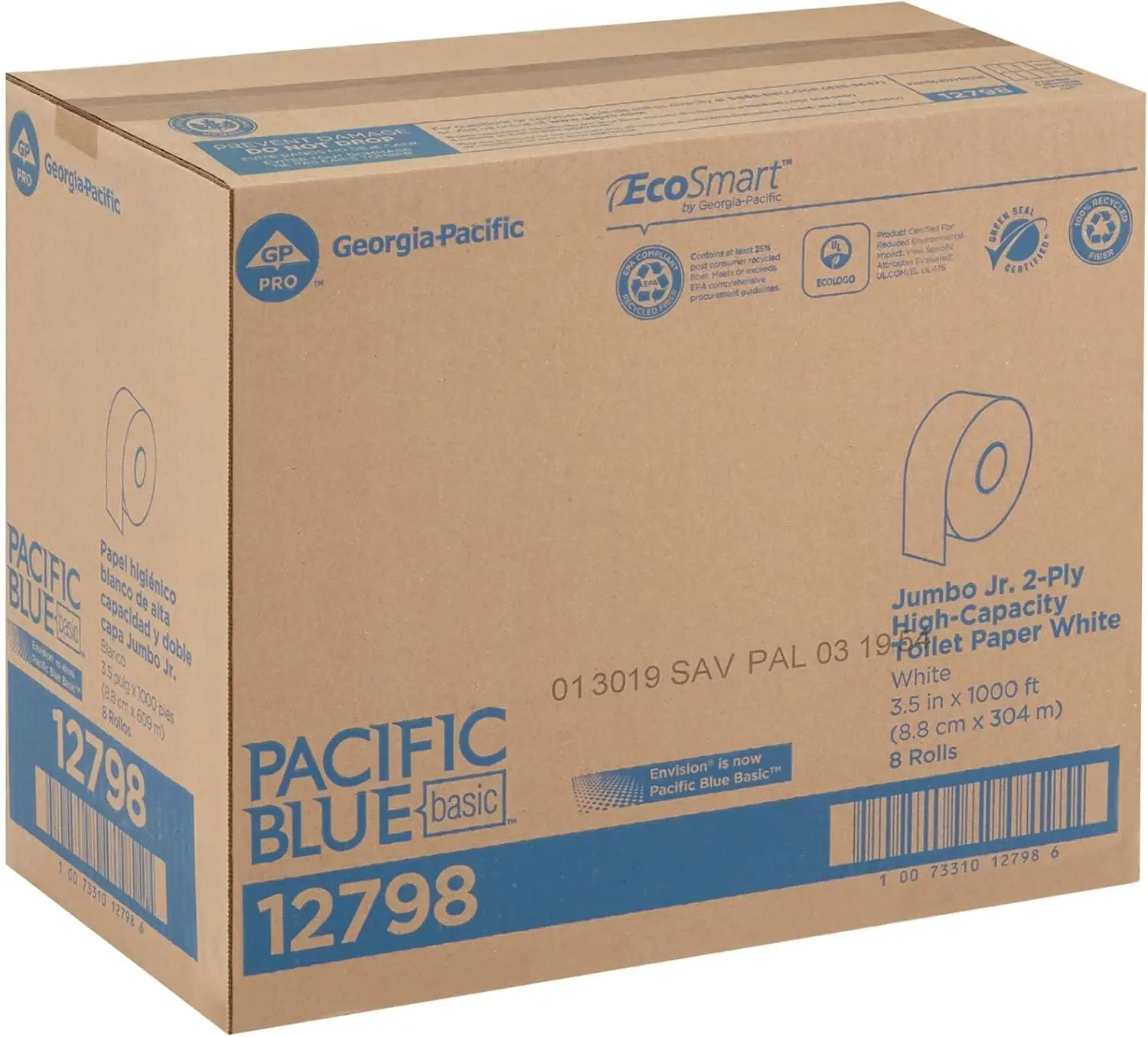 2-Ply Jumbo Jr. Papel Higiênico, 9 Polegadas, 8 Rolos por Caixa, 1000 Pés Lineares por Rolo