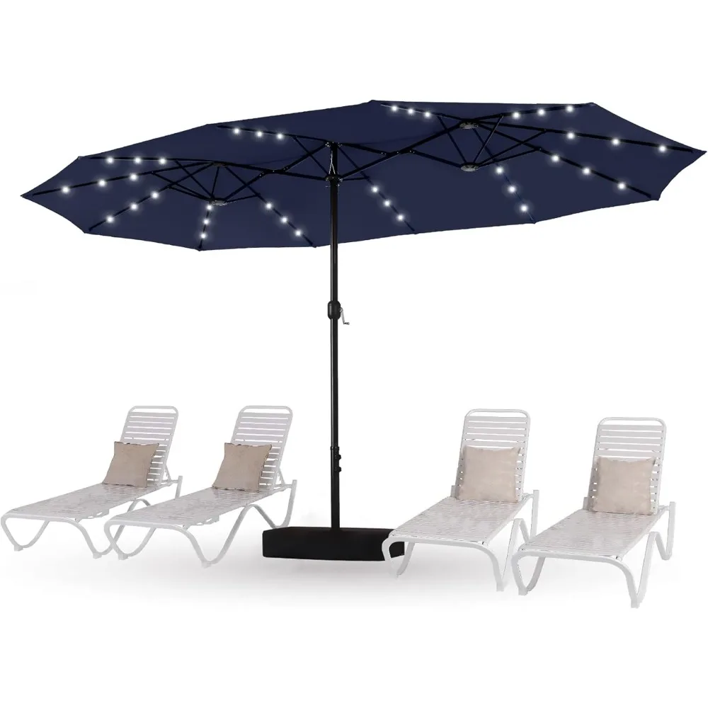 

15-Foot Patio Umbrella with LED Solar Lights and Included Base for Outdoor Tables