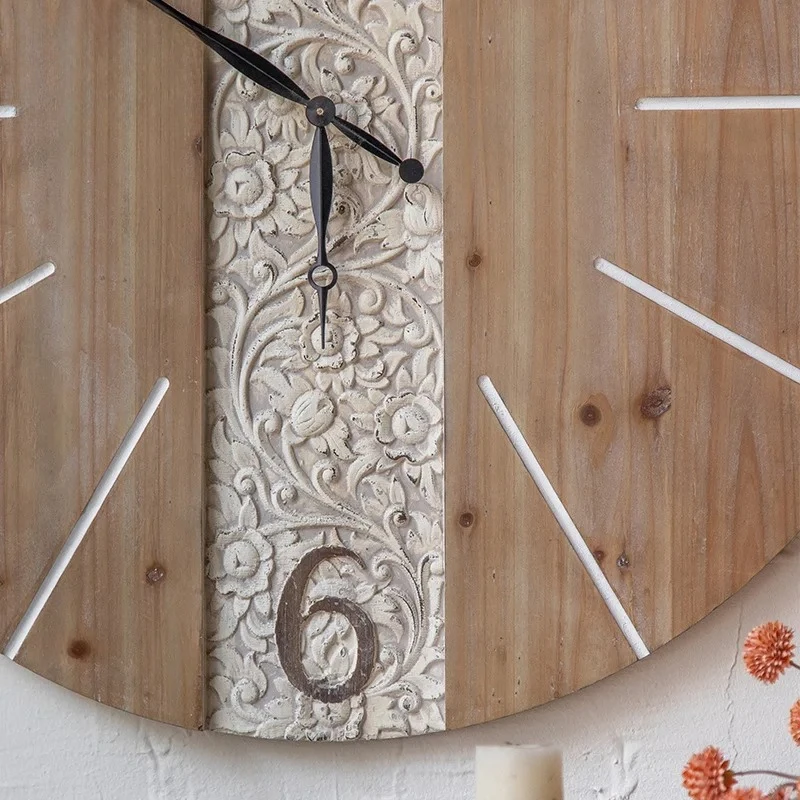 American Rustic Wood Wall Clock, Round Living Room Decor for Home, Airbnb Lodge, Silent Non-Ticking Mechanism, Easy to Read