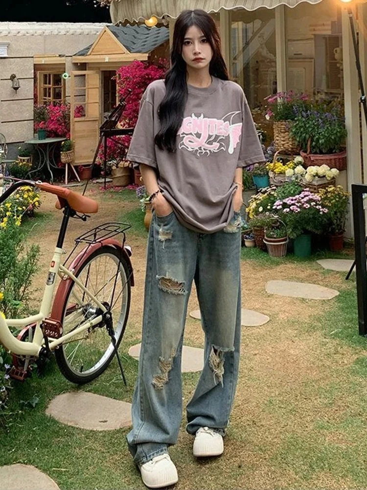 

Весенне-осенние винтажные женские джинсы с дырками, джинсы с высокой талией, широкие мешковатые свободные прямые брюки в стиле хип-хоп, уличная одежда, перетаскивающие джинсовые брюки