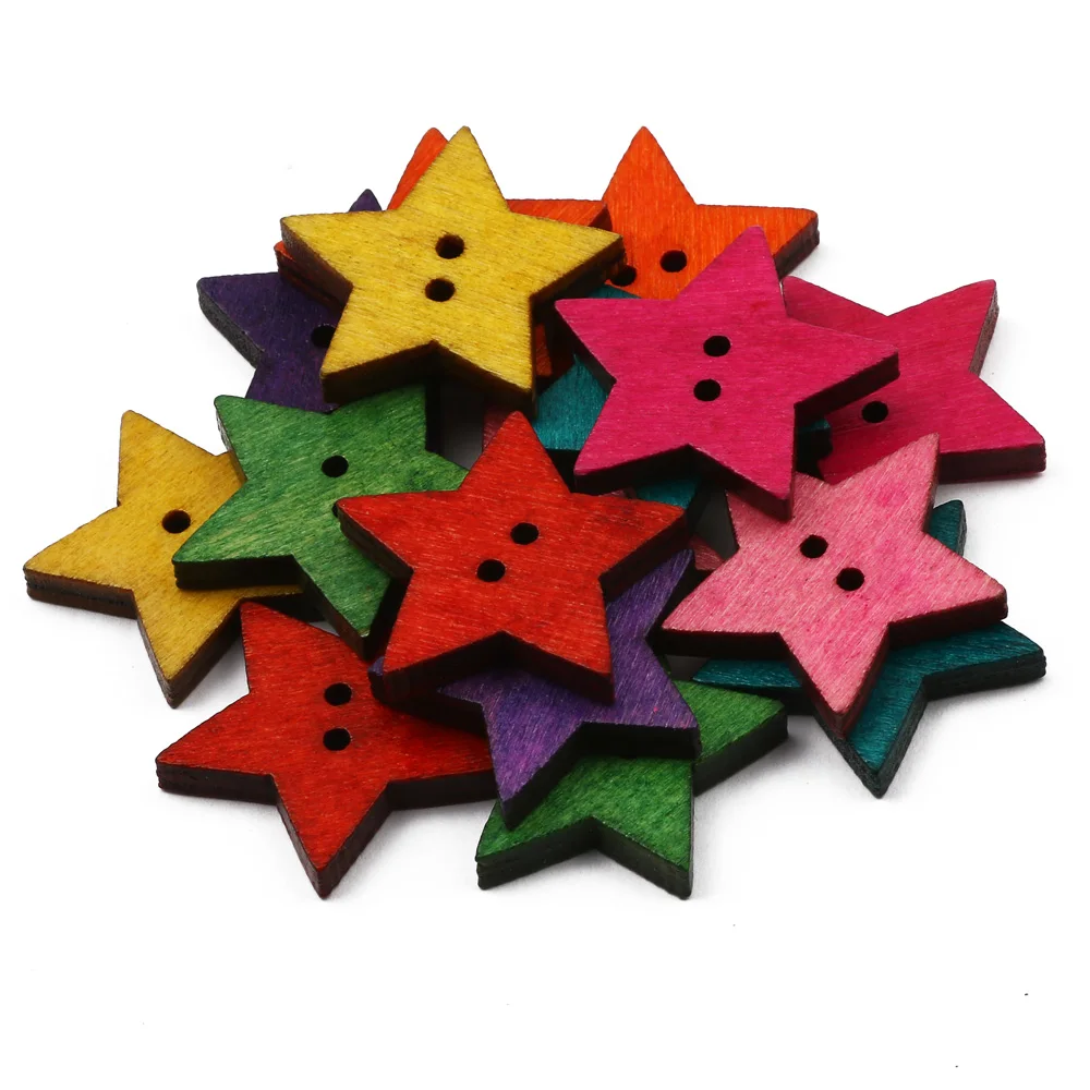 50pcs 23mm Star Shape Buttons 2 Hole Wooden Buttons For Clothing Scrapbook Needlework Diy Sewing Accessories Home Decoration