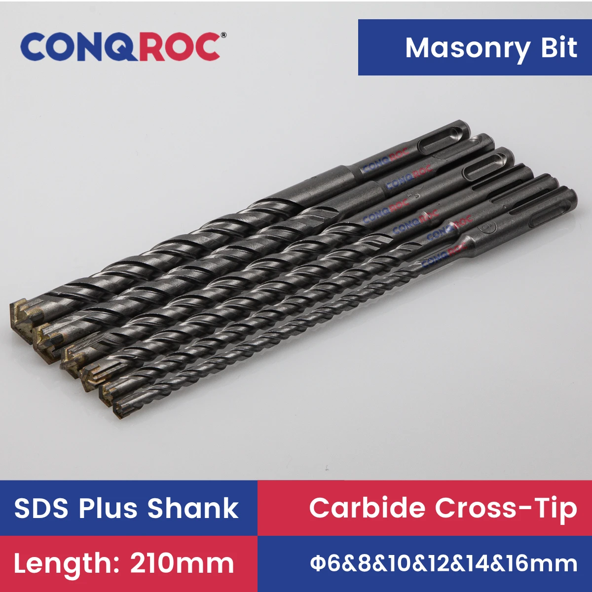 

Masonry Drill Bits Set SDS Plus Shank Length-210mm 6-Size Diameter-6&8&10&12&14&16mm Cross-Carbide-Tip for Electric Hammer