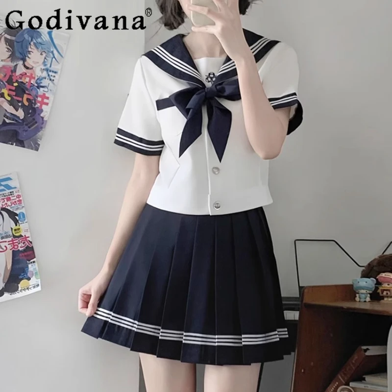 

2025 Summer New Jk Uniform Long Short Sleeve Shirt Cute Girls A-line High Waist Age Reduction College Short Pleated Skirt Set