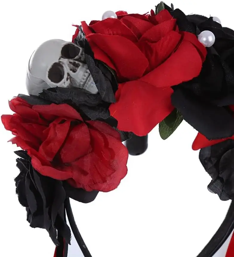 Opaska z meksykańskimi kwiatami Dzień Zmarłych Róża Kwiatowa Korona Nakrycie Głowy dla Kobiet Dziewcząt Kostium na Halloween Ślub Cosplay (Czarno-Czerwona)