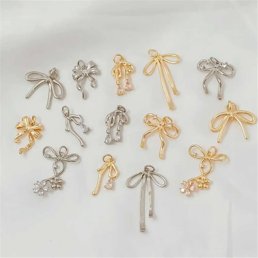 14K Copper Gold Plated Cute Ribbon Long Bow Pendant, DIY Earrings & Necklace Pendant Accessories
