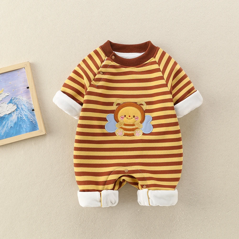 

Очаровательный комбинезон на подкладке с рисунком пчелы для малышей, теплый полосатый комбинезон глубокой осенью, удобный хлопковый костюм для младенцев Rer