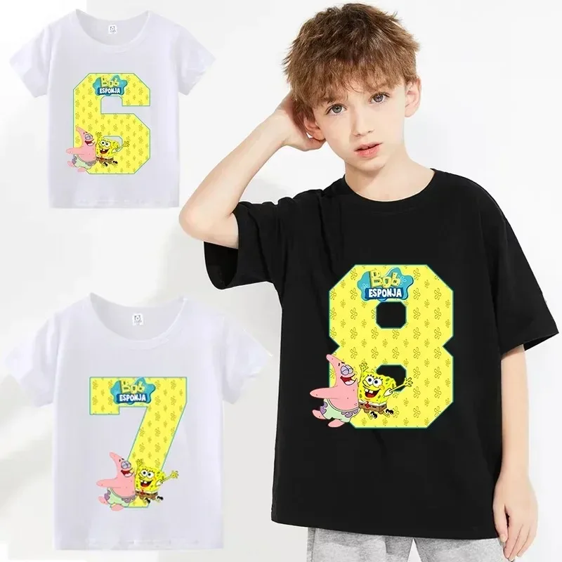 SpongeBob SquarePants Birthday Number T Shirt Kids Party Summer Clothes Baby Cartoon Tees Shirts Girls  Anime Short Sleeve Top