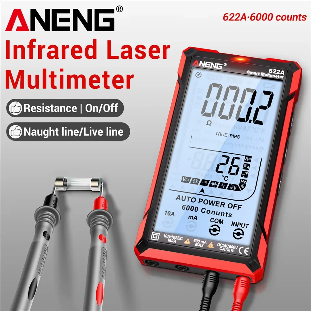 Multimeter Infrared Laser Detection 6000 Counts AC/DC Voltage Current Diode Temperature NCV Voltage Induction Tester ANENG 622A